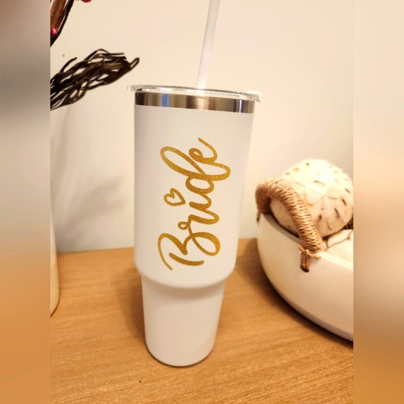 White and Gold Bride Custom Tumbler with Straw 40 oz NWOT - Picture 1 of 8